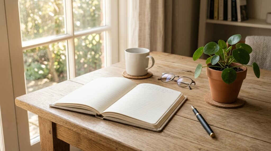 Brain dump journaling notebook on a wooden desk