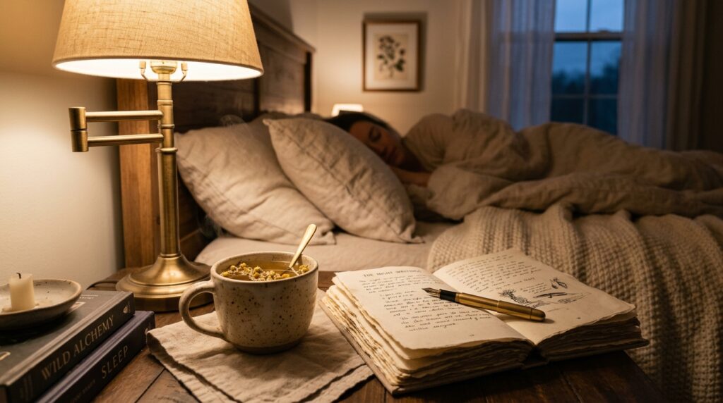 Evening journal prompts notebook beside a cozy bedside lamp