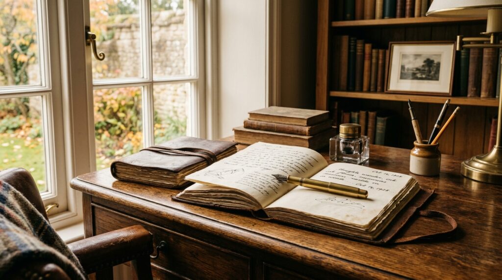 Vintage leather journal on a classic wooden desk representing Stoic journaling