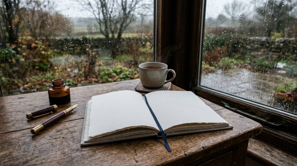 Open journal notebook by a rainy window representing emotional reflection